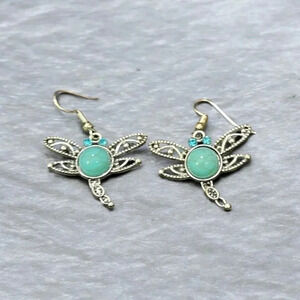 Silver Plated Turquoise Stone Rhinestone Dragonfly Dangle Earrings